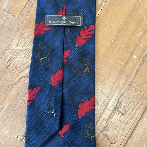 ERMENEGILDO ZEGNA Tie 100% Silk Blue Gold Leaf Print Necktie ITALY Luxury - Picture 5 of 6